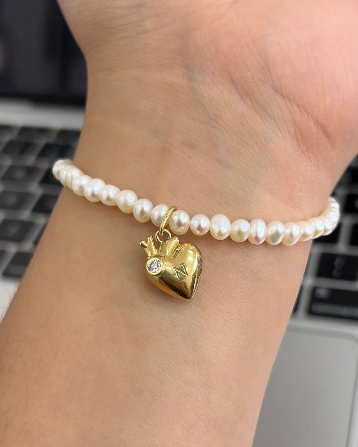 Pulsera de perlas y dije de plata personalizado, con piedra de nacimiento, baño de oro de 14k