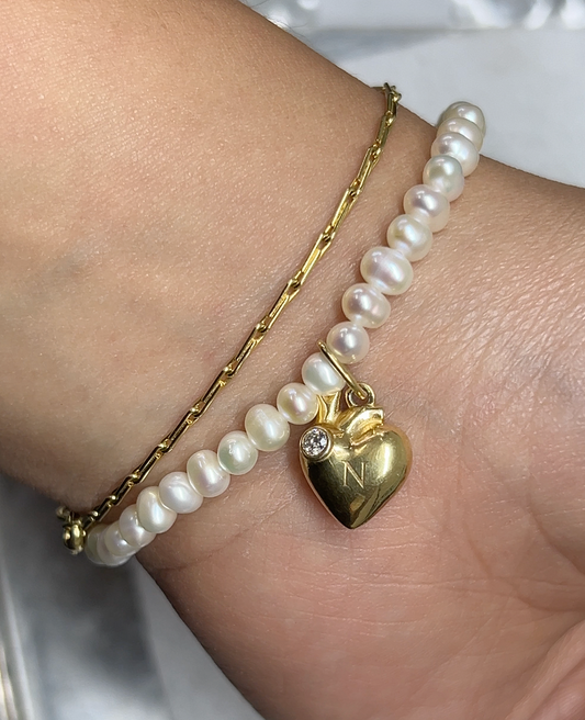 Pulsera de perlas y dije de plata personalizado, con piedra de nacimiento, baño de oro de 14k
